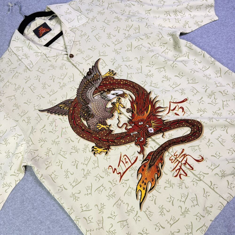 Vintage 7 Diamonds Men's Large Oriental Dragon Eagle Hawaiian Button Up Shirt